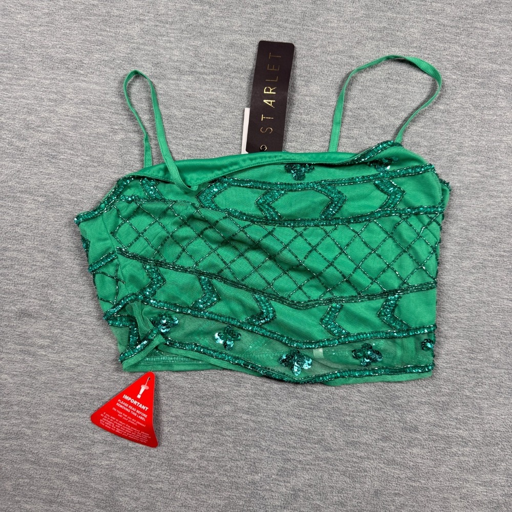 Starlet Crop Top Womens 8 Green Sequin Beaded Embellished Strappy Party Camisole